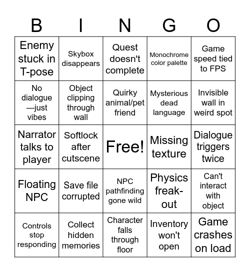 Indie Game Bingo Card