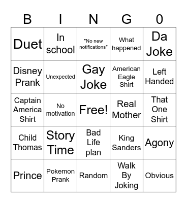 Thomas Sanders Vine Bingo Card