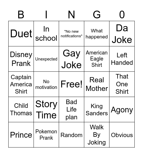Thomas Sanders Vine Bingo Card