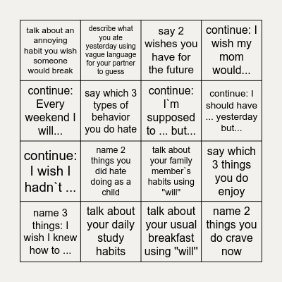 Grammar revision Bingo Card