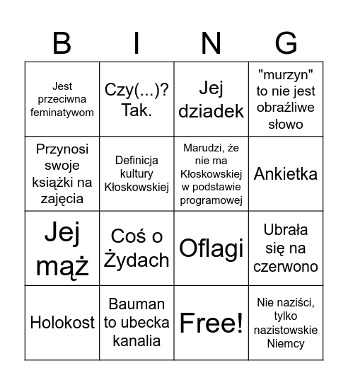 Bingo Matuchniak Bingo Card