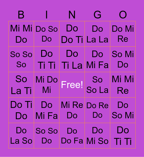 Solfege Bingo 1 Bingo Card
