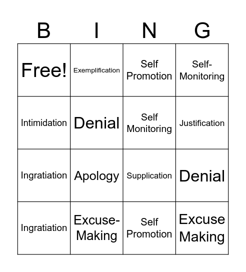 Impression Management Theory Bingo Card