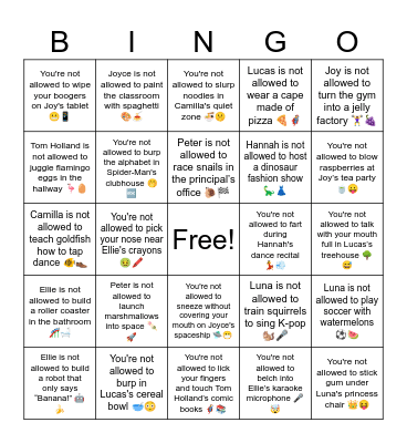 Not allowed Bingo Card