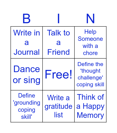 Coping Skills Bingo Card