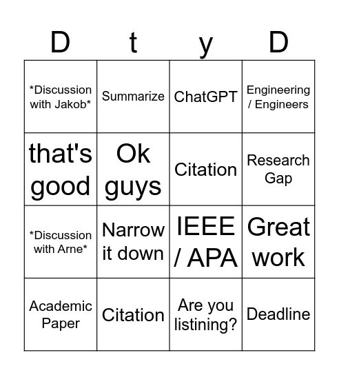 Dirty D Bingo Card