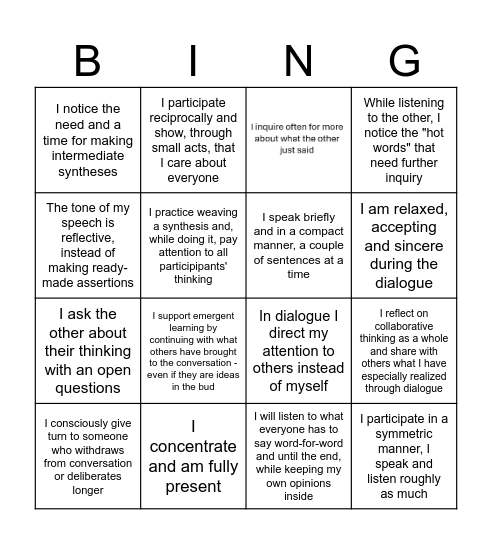 My Dialogical Skills Bingo Card