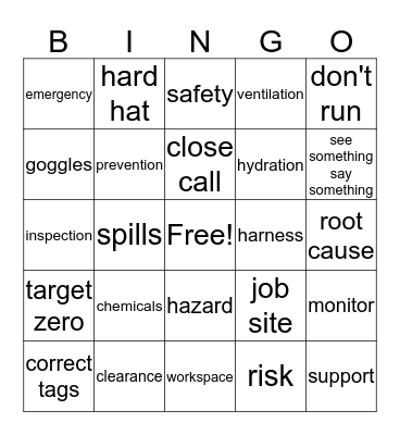 Safety Bingo Card
