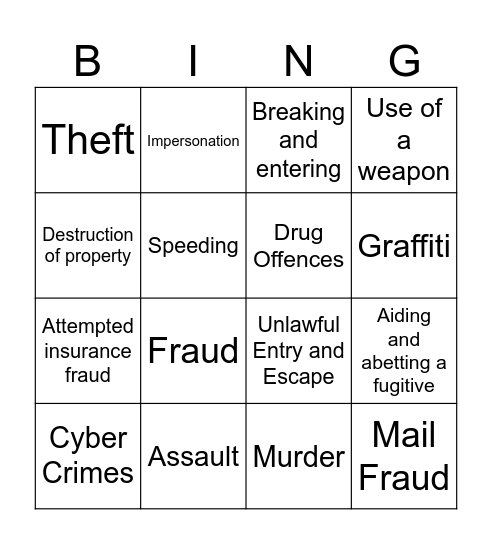 Criminal Bingo Card