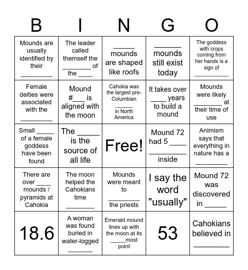 Cahokia Religion Bingo Card