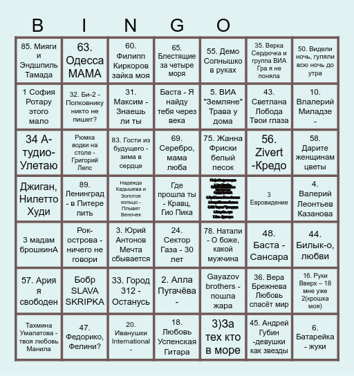 Музыкальное бинго Bingo Card