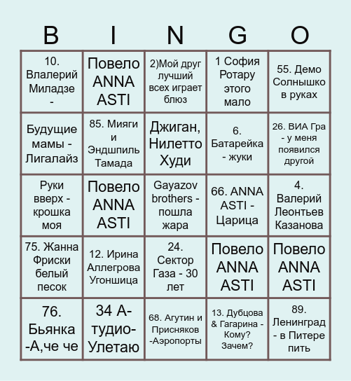 Музыкальное бинго Влада и Даши Bingo Card