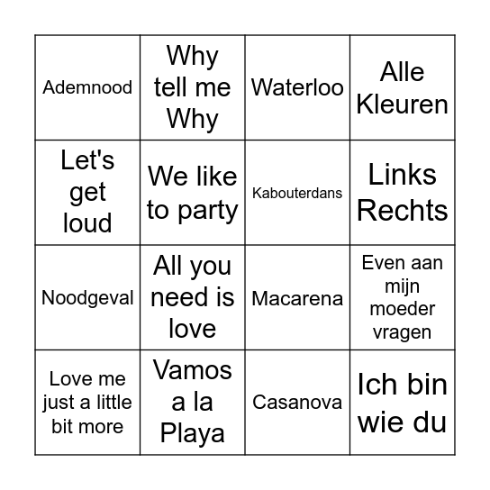 CarMa Foute Muziek Bingo Card