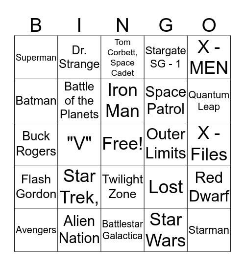 SF TV and Movie Bingo Card