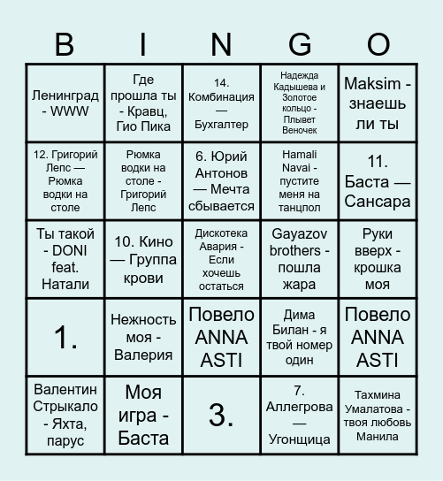 Музыкальное бинго Влада и Даши Bingo Card