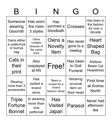 Lolita Ice Breaker Bingo Card