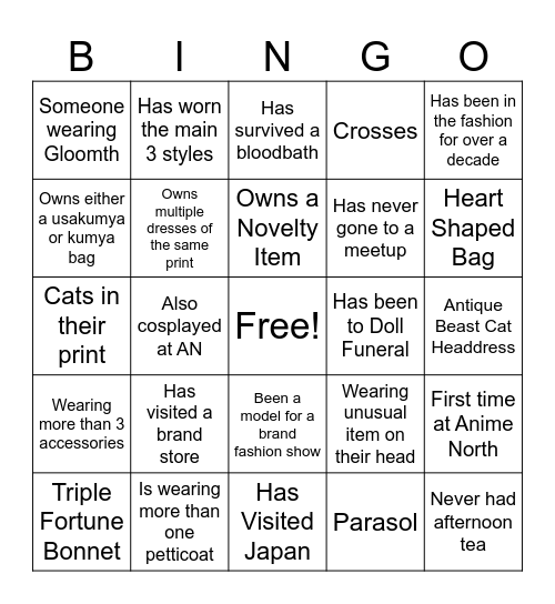 Lolita Ice Breaker Bingo Card