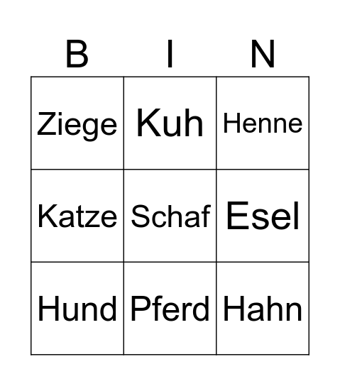 Tiere Bingo Card