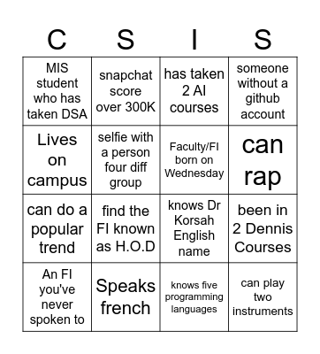 Cs chill and Grill Bingo Card