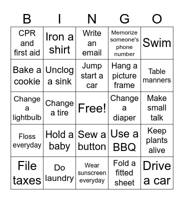 Adult skills Bingo Card