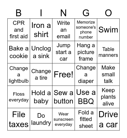 Adult skills Bingo Card