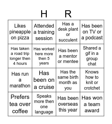 BBV HR Away Day Bingo Card