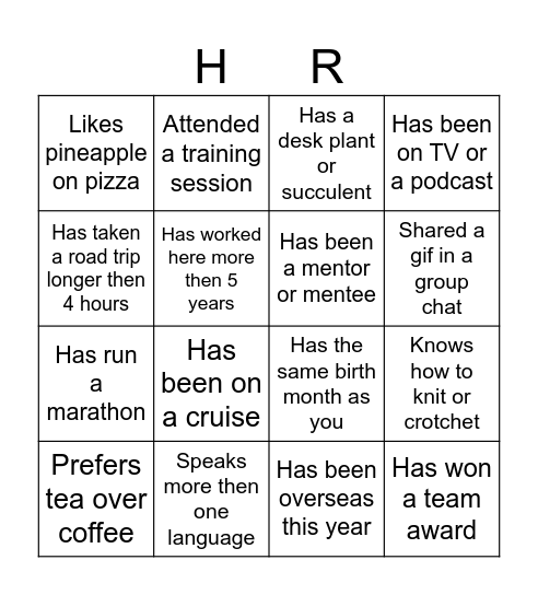 BBV HR Away Day Bingo Card