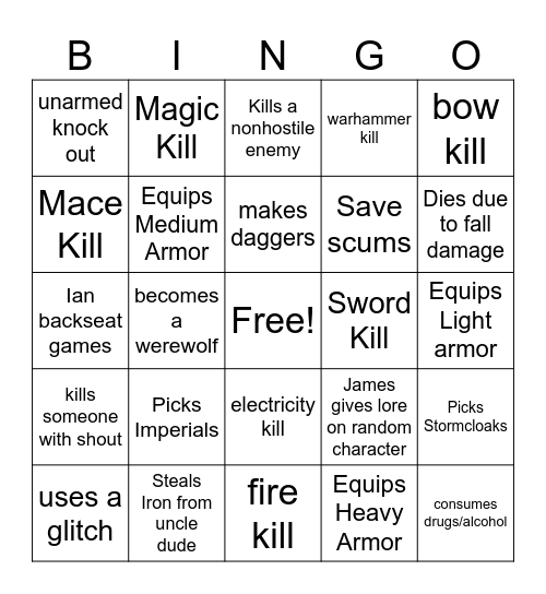James Skyrim Bingo Card