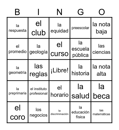 Level 2- La Educación Bingo Card