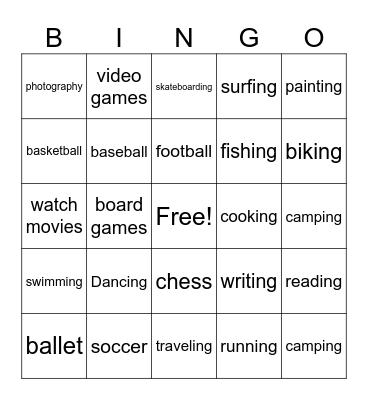 Hobbies Bingo Card