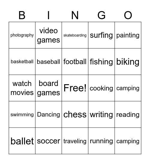 Hobbies Bingo Card