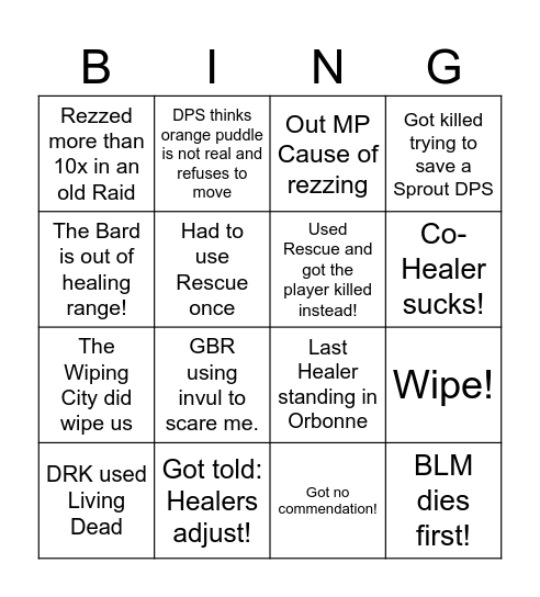 Healer Bingo Card