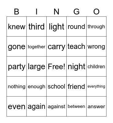 Sight Word Bingo Card