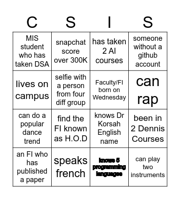 Cs chill and Grill Bingo Card