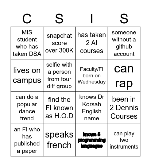 Cs chill and Grill Bingo Card