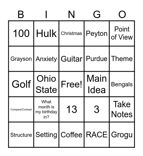 Mr. Becker's Bingo Card