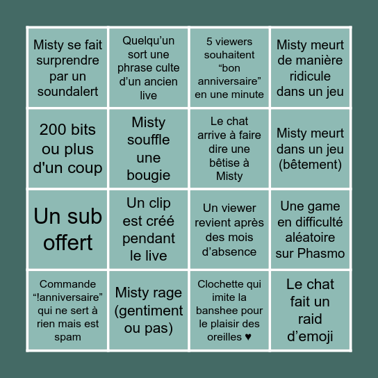 L'Anniversaire de Misty Bingo Card