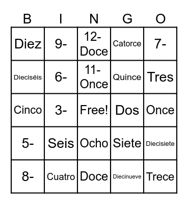 Números del 1 al 20 Bingo Card