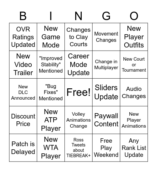TIEBREAK+ RELEASE BINGO Card