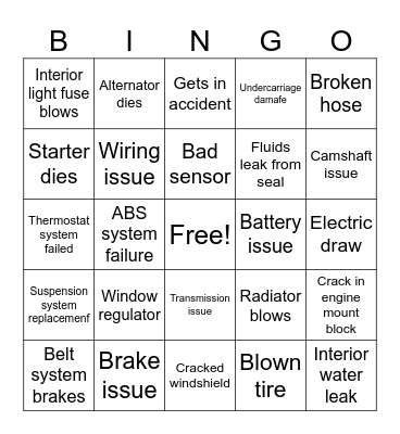 Garrett's car problems Bingo Card