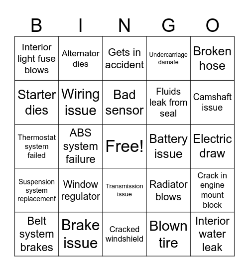Garrett's car problems Bingo Card