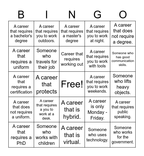 College and Career Day Bingo Card