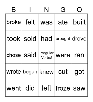 Irregular Verbs Bingo Card