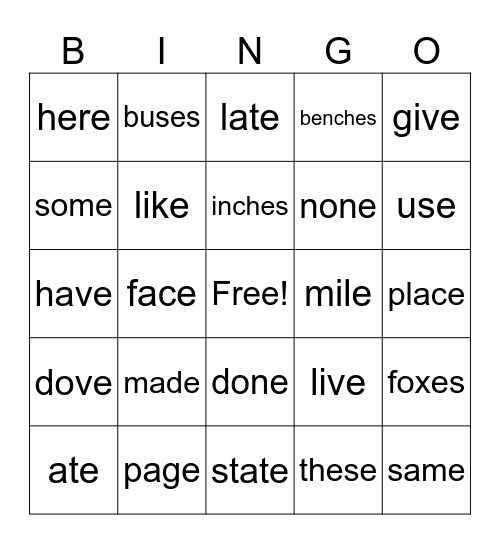 VCe Bingo Card