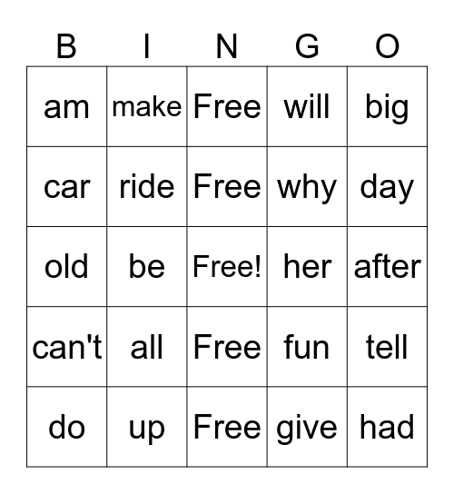 Grade 1 Sight Words Set 3 Bingo Card