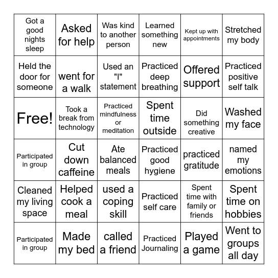 Coping Skills Bingo Card