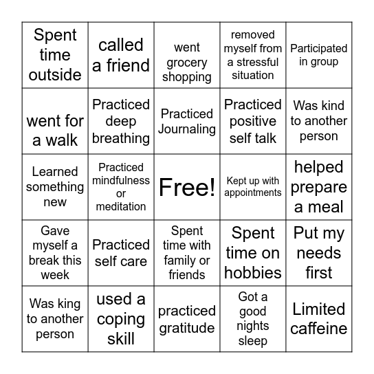 Coping Skills + Self Care Bingo Card