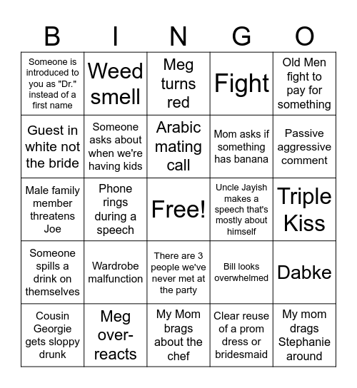 Wedding Bingo - Because we are terrible people Bingo Card
