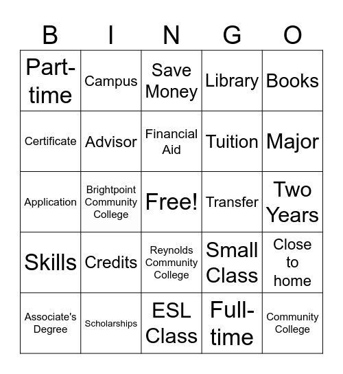 2-Year College Bingo Card