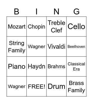 Orchestra and Composers Bingo Card